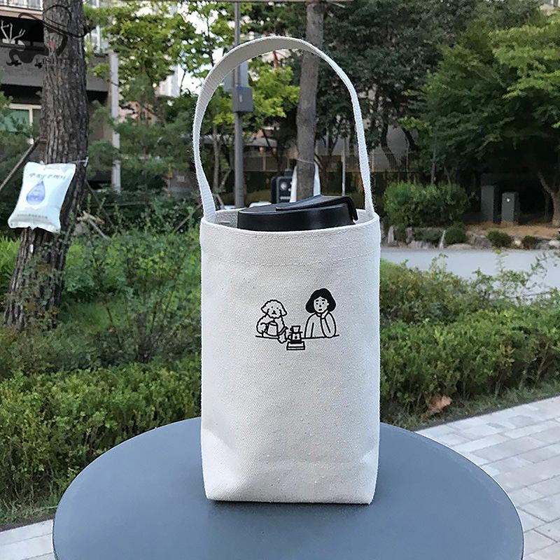 Lishu กระเป๋าโท้ทแบบพกพาถ้วยน้ําที่วางขวดกาแฟนมชาผ้าใบกระเป๋า Eco Mini Storage กระเป๋าถือขนาดเล็กกระเป๋าไวน์แดง th