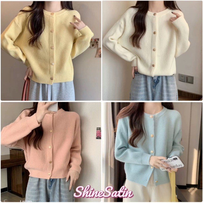 Shinesatin ฤดูใบไม้ร่วงรูปแบบใหม่ เสื้อคาร์ดิแกนแขนยาวคอกลม ผ้าถักเนื้อนุ่ม เสื้อคาร์ดิแกนถักผู้หญิง