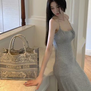 🌙ชุดเดรส,🌙สีเทาอ่อนเซ็กซี่ฤดูร้อนแต่งตัวสลิมฟิตคอเชือกแขวนคอ