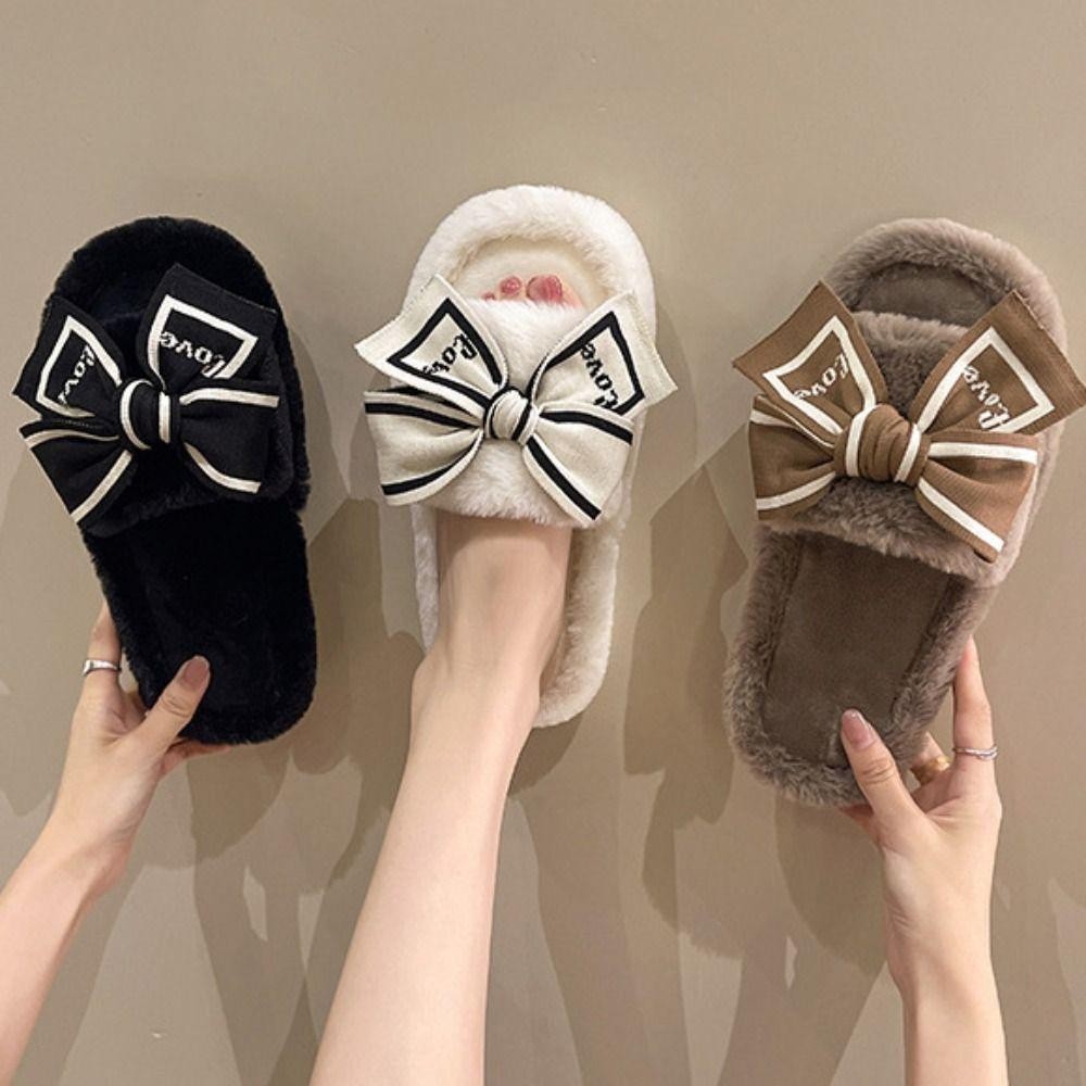 Just Plush One-line รองเท้าแตะ,รองเท้าแตะขนสัตว์ Bowknot ลื่นนุ่ม,ลําลองน่ารักหนารองเท้าแตะบ้านรองเท้าในร่ม
