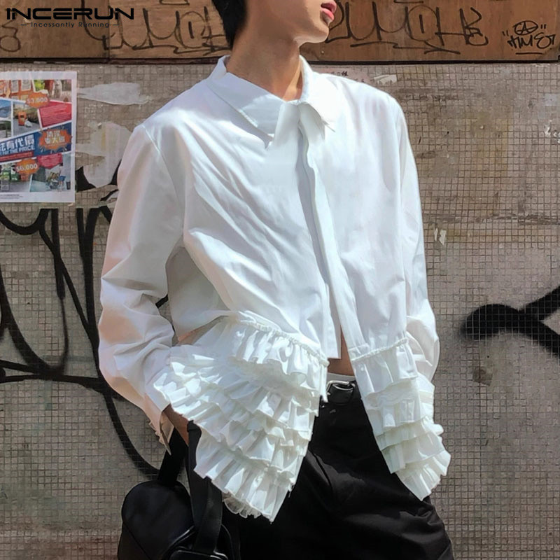 Incerun เสื้อเชิ้ตแขนยาวลูกไม้ระบายหลายชั้นลําลองเกาหลี