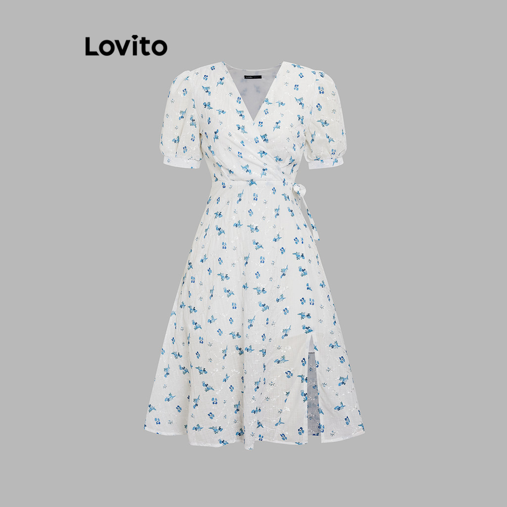 Lovito เดรสผู้หญิง สไตล์หรูหรา ลายดอกไม้ รูดเชือก LNE33029 (สีขาว)