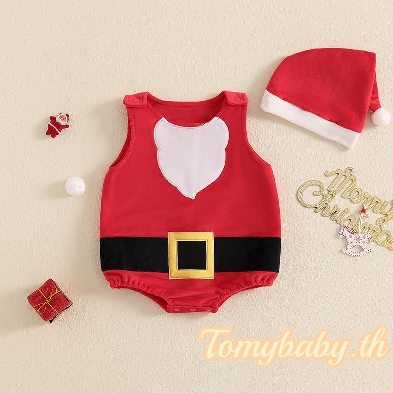 Tomybaby-ชุดรอมเปอร์คริสต์มาสสำหรับเด็ก ชุดบอดี้สูทแขนกุดรูปซานต้าพร้อมหมวก