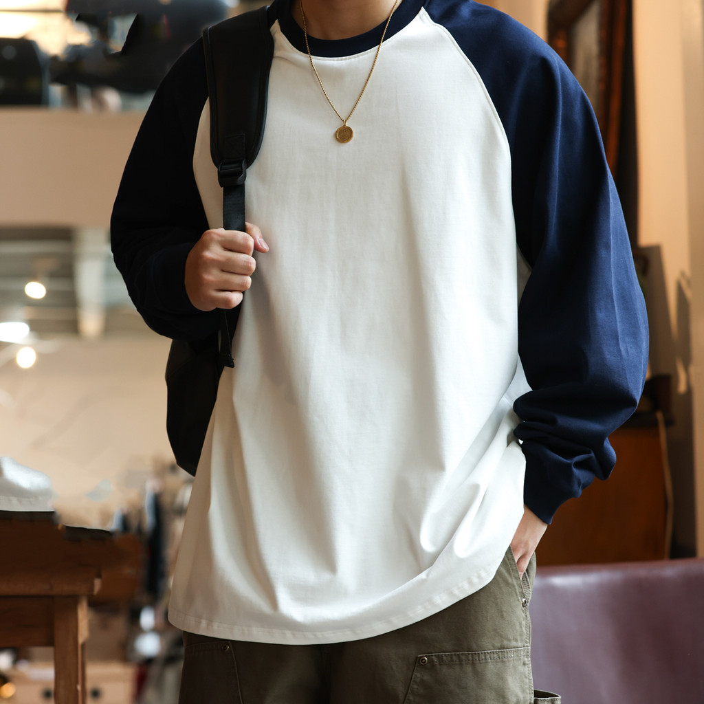 ผ้าฝ้ายแท้หนัก 300ก สไตล์ญี่ปุ่นความคมชัดสี แร็กแลน แขนยาวเสื้อยืดผู้ชายหลวมรุ่นพื้นฐาน ย้อนยุค จุดต่ําสุด เสื้อฤดูใบไม้ร่ - รูปที่ 3