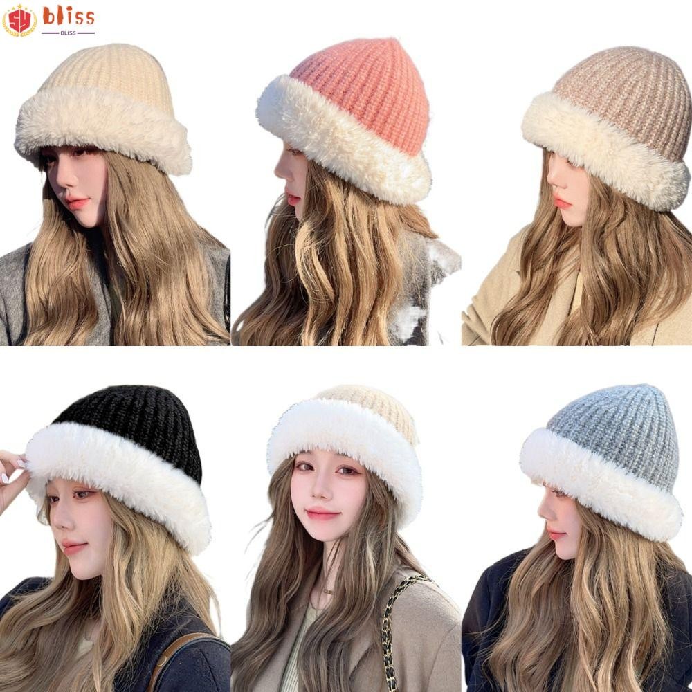 Blliss หมวกบักเก็ต,อเนกประสงค์ Splicing Warm White หมวกชาวประมง, น่ารักหนาเส้นรอบวงศีรษะขนาดใหญ่หมวกขนสัตว์ถักอบอุ่นผู้หญิง