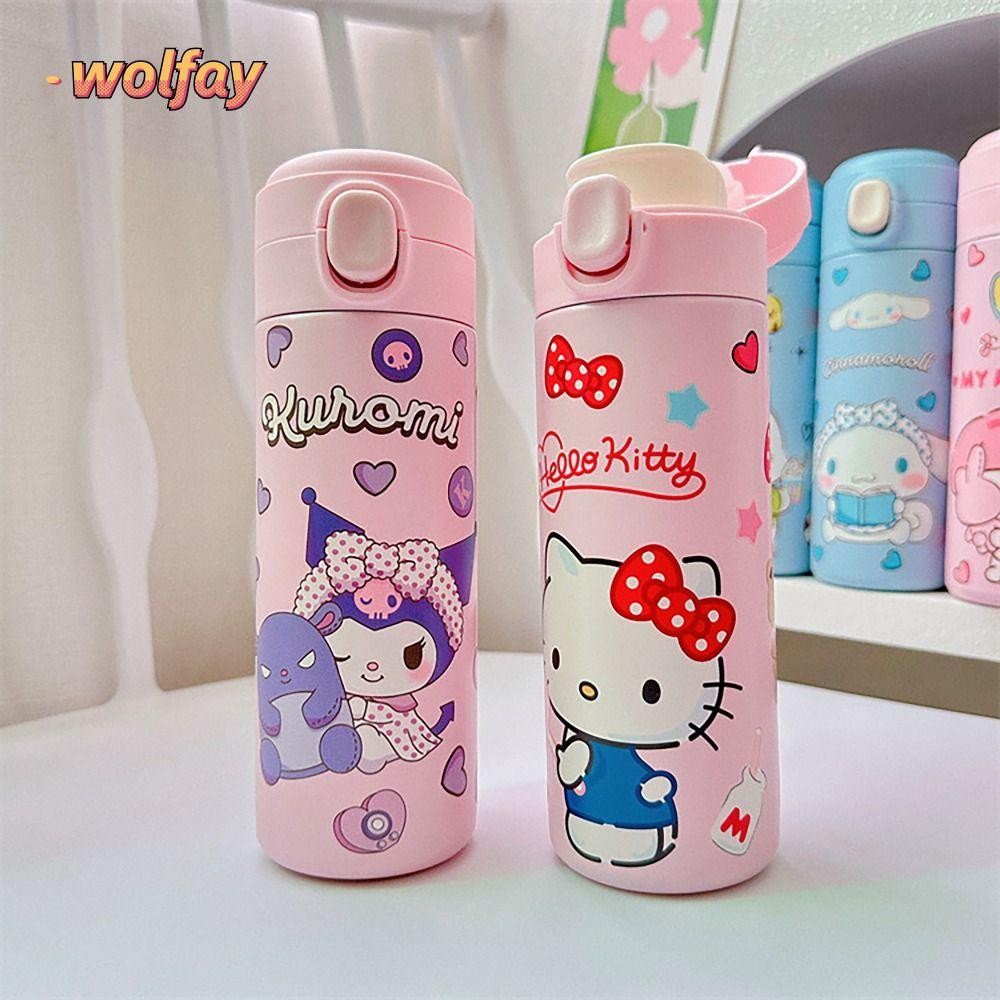 Wolfay ขวดน้ําความร้อน, 304 สแตนเลส 420ML SANRIO แก้วน้ําสูญญากาศ,แบบพกพาเด็กล็อคสวิทช์ Kuromi Cinnamoroll My Melody Kitty โดยตรงถ้วยดื่มสําหรับของขวัญนักเรียน
