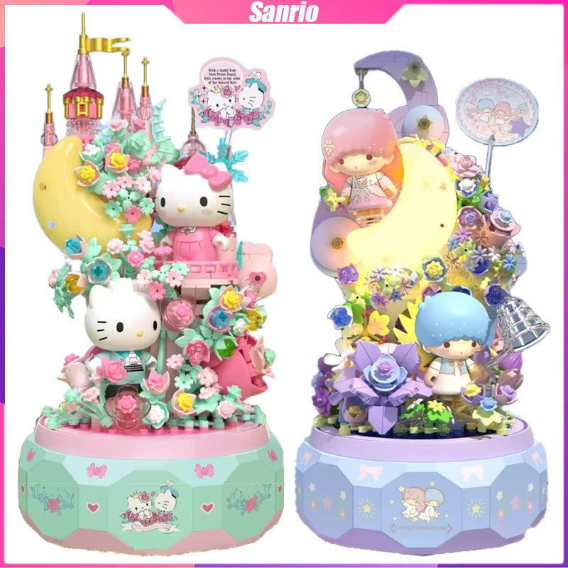 SANRIO บล็อกตัวต่อ ซานริโอ คิตตี้ ลิตเติ้ลทวินสตาร์กล่องดนตรีตกแต่งเดสก์ท็อปปริศนาประกอบโมเดลของเล่นของขวัญวันเกิดสําหรับเด็ก