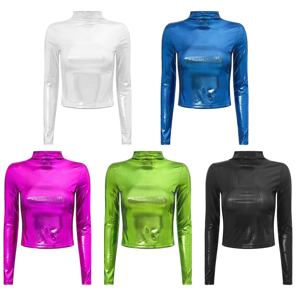 Yeahdor Womens Shiny เสื้อยืดแขนยาวแฟชั่น Metallic Mock คอ Slim Fit Tops Disco Party เทศกาลเพลง Clubwear Streetwear