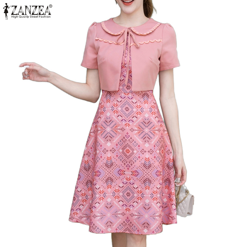 ZANZEA Womens Elegant Date Lapel Short Puff Sleeve Neckline With Straps No Pockets A Hem Set