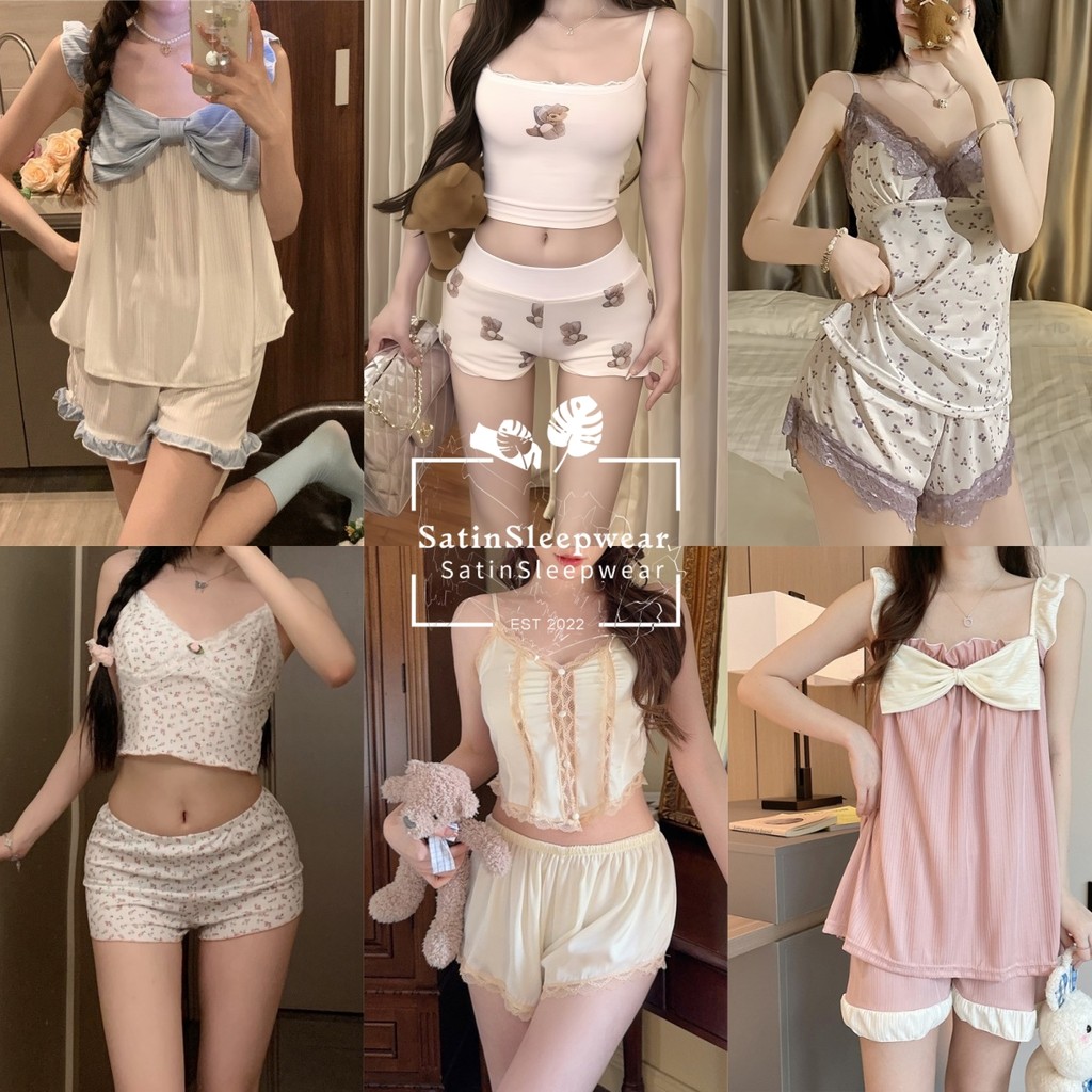 SatinSleepwear 😍😍 ชุดนอนหญิง หลากหลายรูปแบบและดีไซน์ เสื้อตัวบน+กางเกงขาสั้น เซ็กซี่และหวาน คุณภาพสูง สายเอี๊ยมชุดนอน