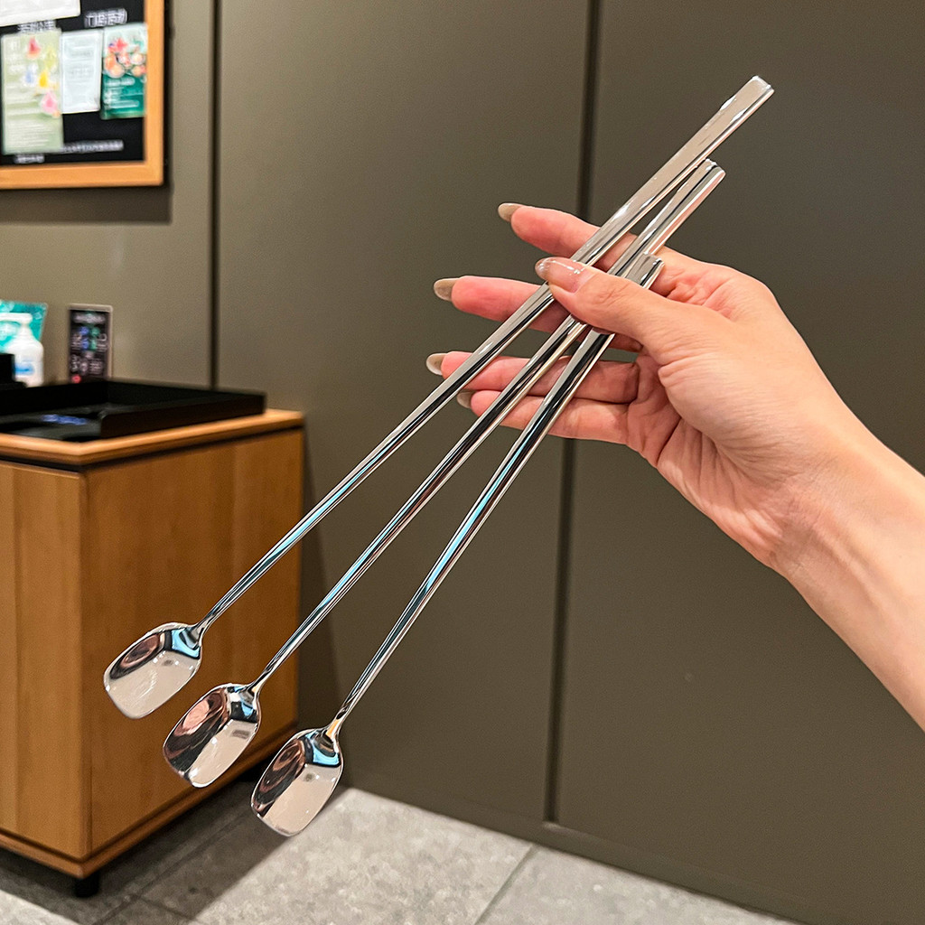 ใช่ ด้ามยาวช้อนกวน 316 สแตนเลสน้ําแข็งช้อนชา 23/27/30 ซม. หัวตารางน้ําผึ้งนมชาช้อนกาแฟผสมกวนก้าน