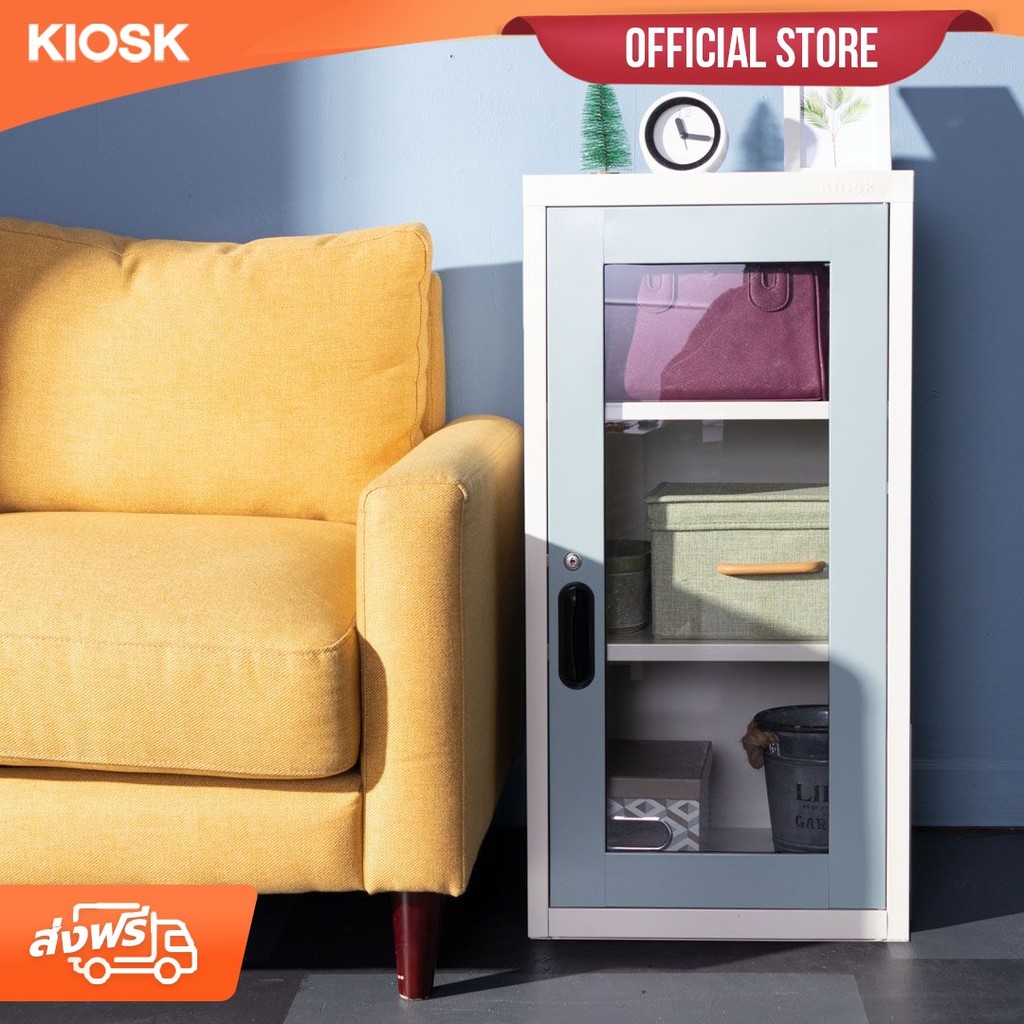 [จัดส่งพร้อมติดตั้งฟรี] KIOSK ตู้เหล็กบานเปิดกระจก 2 แผ่นชั้นปรับได้ กันสนิม กุญแจ/รหัส**มีใบกำกับภาษี**