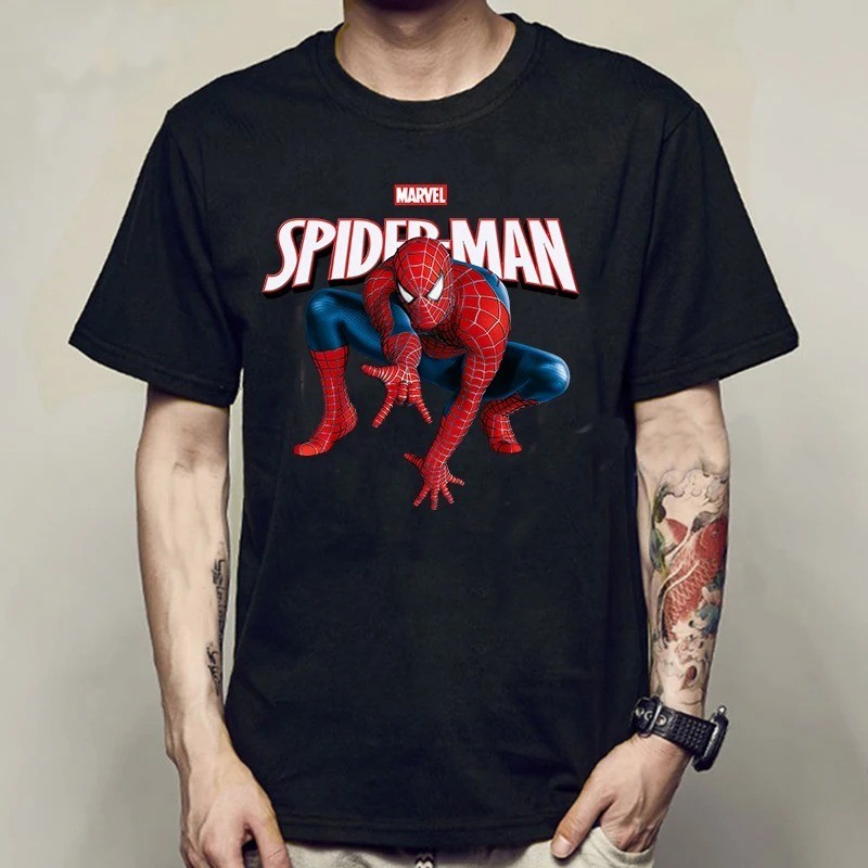 เสื้อยืดแขนสั้นคอกลม ลายการ์ตูนซูเปอร์ฮีโร่สไปเดอร์แมน สไตล์ย้อนยุคสำหรับทุกเพศ