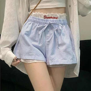 🩵ส่งไวจากไทย🩵ผู้หญิง ลายริ้ว-ปักลูกไม้ กางเกงขาสั้นเอวยางยืด แต่งกระดุม ทรงสวยทรงแปะ ผ้าใส่สบาย