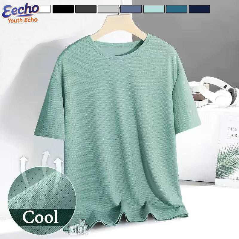 M-5XL ผ้าไหมน้ําแข็ง Cool ฤดูร้อนผู้ชาย Quick-Dry สีทึบหลวมกีฬาตาข่ายเสื้อยืดลําลอง Dry-Fit แขนสั้น