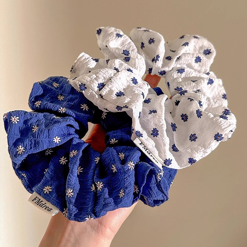 1/2 ชิ้นผู้หญิงสีฟ้าสีขาวดอกไม้พิมพ์เชือกผมผูกผม Scrunchies เครื่องประดับผม