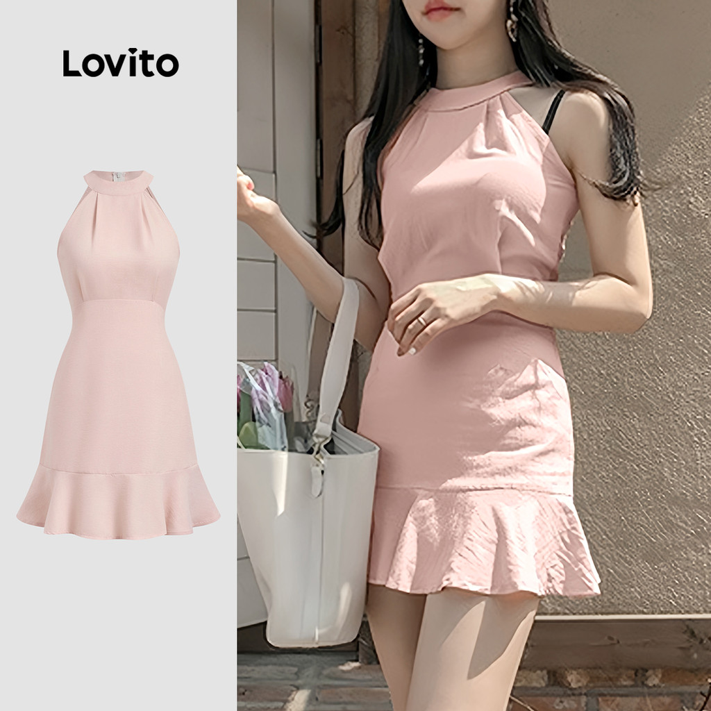 B134-JUN25-A-1-ชุดเดรสคล้องคอเอวระบายชายกระโปรง-DRB134PBD128