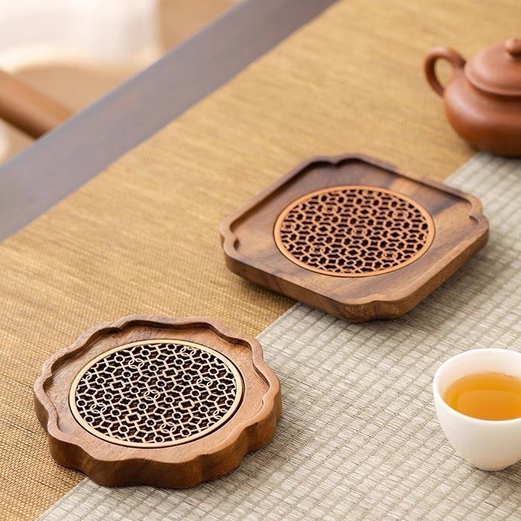 Hot Sale#Walnut Wood Teapot Holder Tea Brewing Base Tea Set Tray Simple Solid Wood7cc