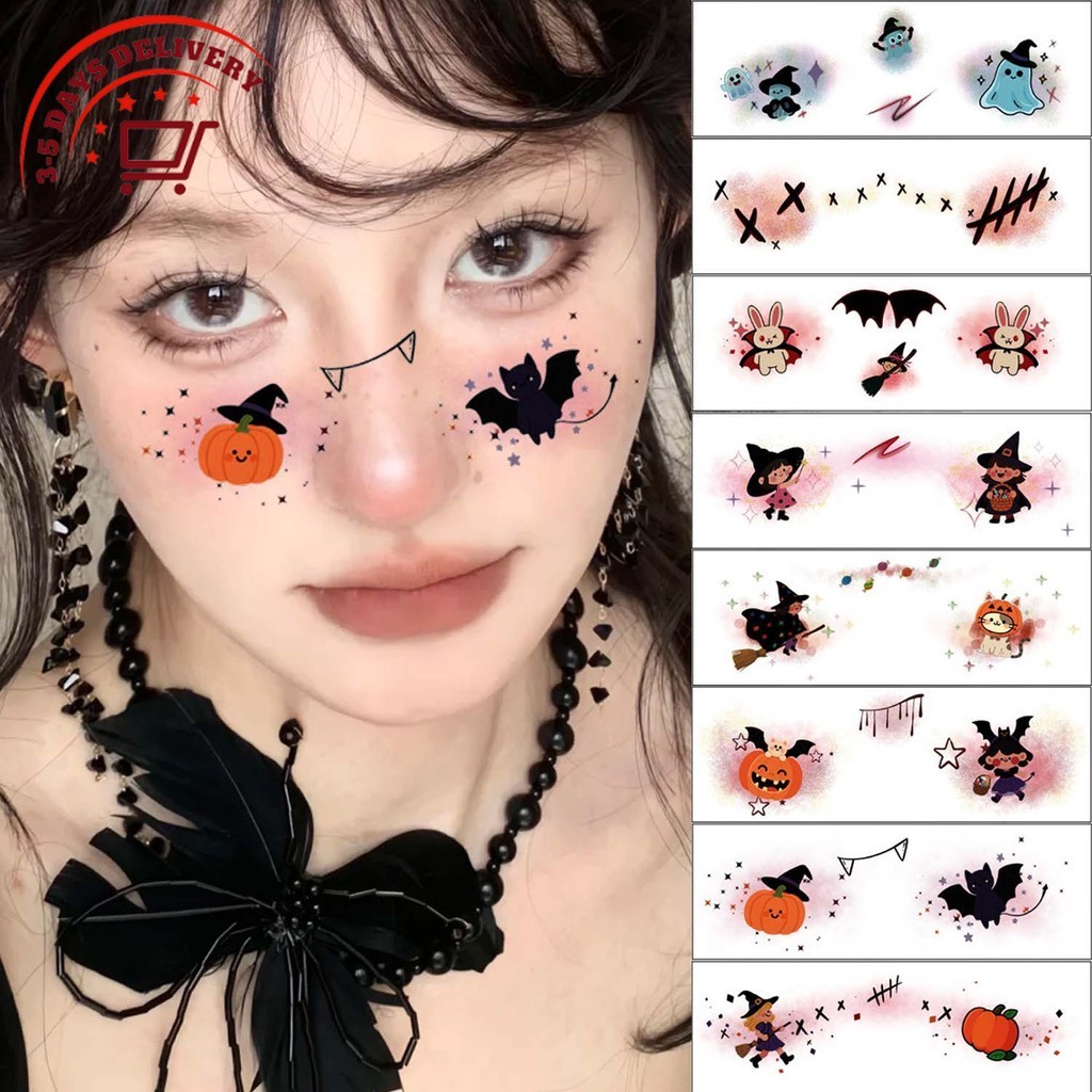 [จัดส่ง 3-5 วัน]ฮาโลวีนธีมใบหน้าสักสติกเกอร์12ชิ้นกันน้ําศิลปะร่างกายชั่วคราวสําหรับงานปาร์ตี้,การออกแบบการถ่ายโอนน้ําสไตล์อเมริกัน16x6ซม