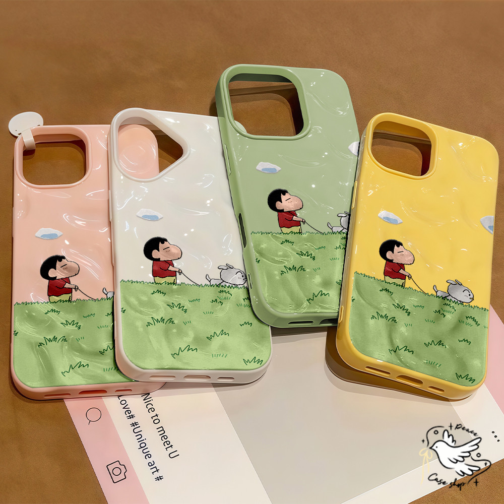 COD-ในไทย For iPhone 16 15 14 13 12 11 Pro Max X XS XR XS 7 8 6 16Plus เคส ทุ่งหญ้าสีเขียว Candy Color Wave คู่หนังนุ่มป