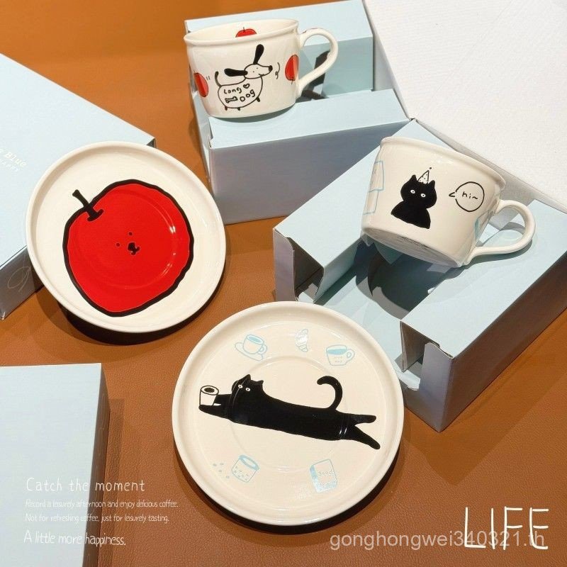 Breeze Cup. ❤ Molly Wanted Red Apple Black Cat Ceramic Cup High Value Ceramic Coffee Cup Saucer Afte