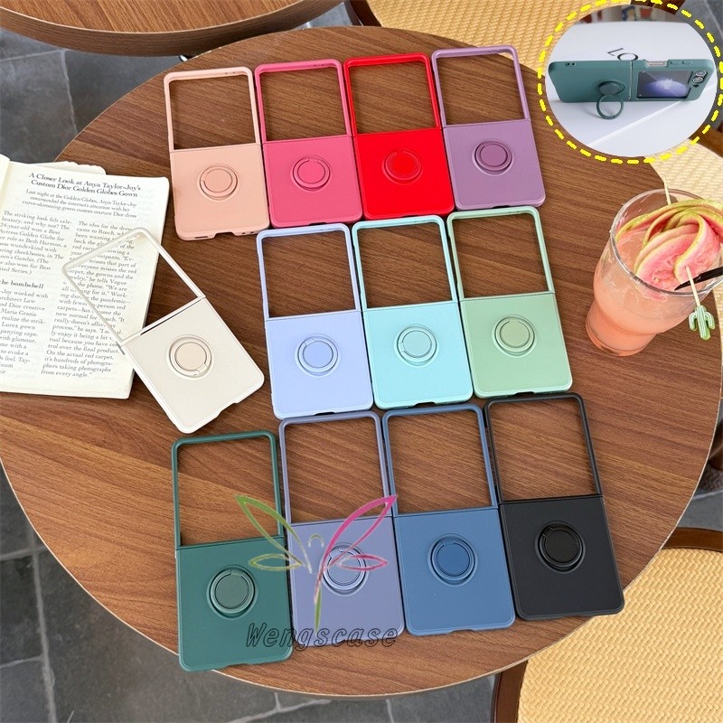 หมุนได้แหวนขาตั้ง Matte Hard Case Casing สําหรับ Samsung Galaxy Z Flip 7 Z Flip 6 Z Flip 5 สีทึบกันกระแทกฝาหลัง