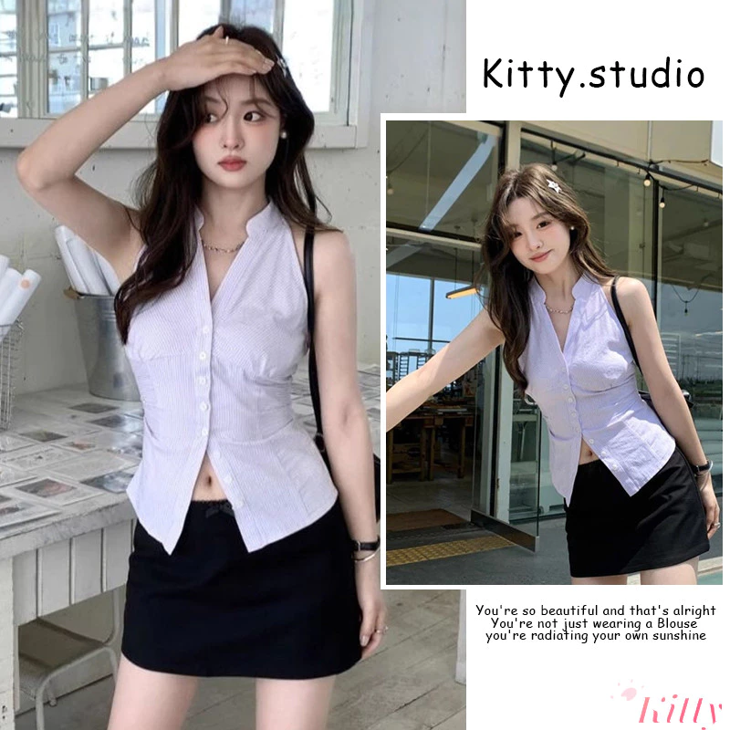 KITTY พร้อมส่ง🌸เสื้อเชิ้ตแขนกุด ชุด2ชั้น สไตล์ลําลอง ปกกระดุมหน้า โชว์ไหล่ เสื้อครอปทรงรัดรูป สําหรับผู้หญิง ลายริ้ว