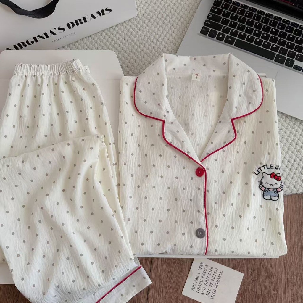 ชุดนอนผ้าฝ้ายผู้หญิงสไตล์ใหม่ Polka Dot KT Cat กางเกงขายาวแขนยาว น่ารักสำหรับใส่นอนหรือวันหยุด - รูปที่ 2