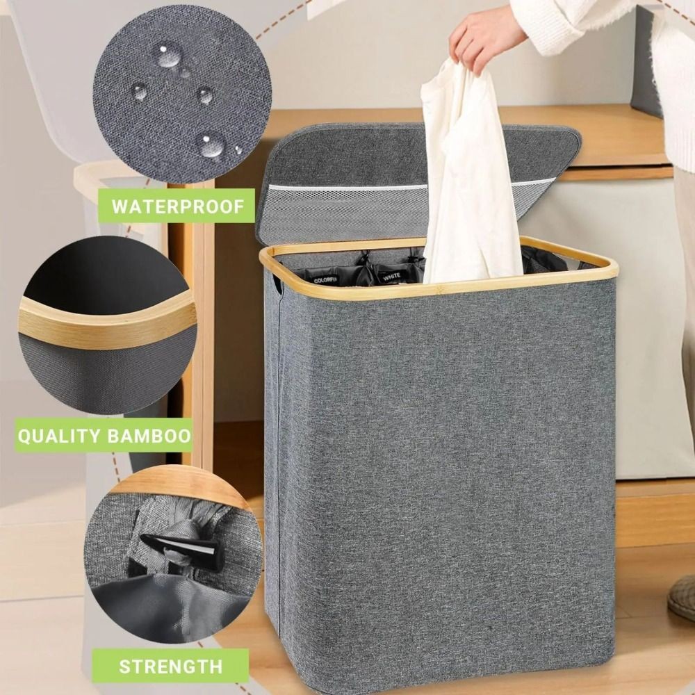 SWEE ตะกร้าเสื้อผ้าสกปรกพับได้พร้อมฝาปิด/ที่จับตะกร้าซักผ้าอเนกประสงค์ขนาดใหญ่กันน้ํา 2 ส่วนกระเป๋าด้านในซักผ้าตะกร้าอพาร์ทเมนท์ห้องนั่งเล่น - รูปที่ 4