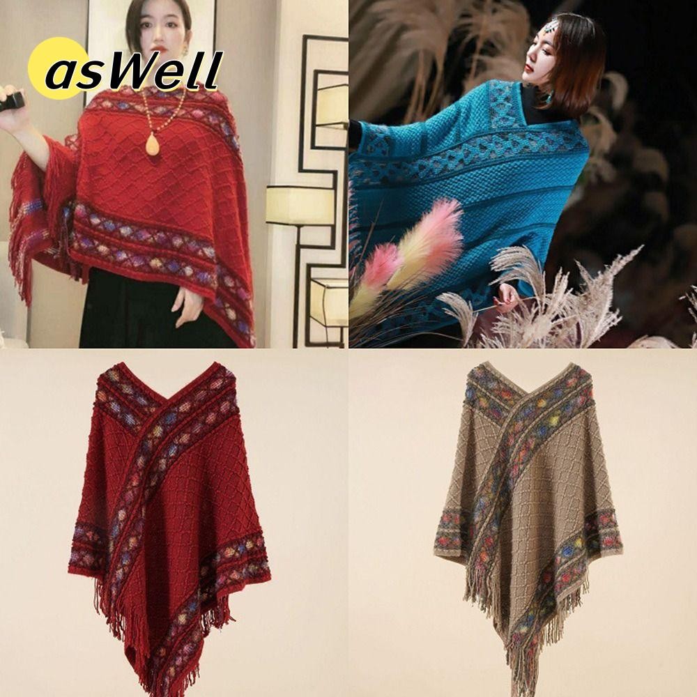 ASWELL เสื้อ cape ผ้าคลุมไหล่ สไตล์มองโกล ลายขนมเปียกปูน หนานุ่มเหมือนแคชเมียร์ สำหรับผู้หญิง
