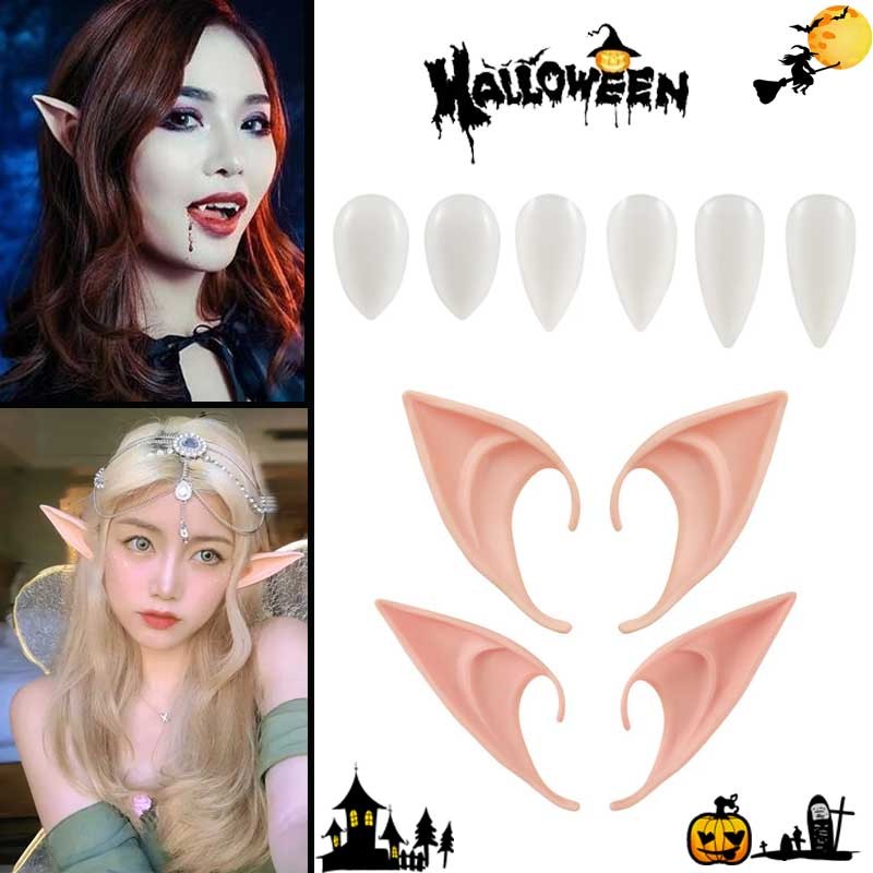 Vampire Fangs พร้อมกาวและ Latex Elf หูสําหรับฮาโลวีนเครื่องแต่งกายคอสเพลย์ปาร์ตี้ฮาโลวีน Props