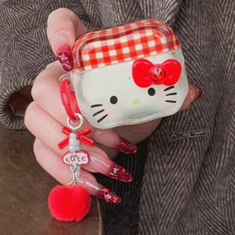 หูฟังสําหรับ Airpods 4 Pro 3 2 1 3D สีแดง Bowknot Hello Kitty ลายสก๊อต Soft TPU กันกระแทกฝาครอบป้องกัน Anti-lost Plush Ball จี้หูฟังไร้สาย Shell