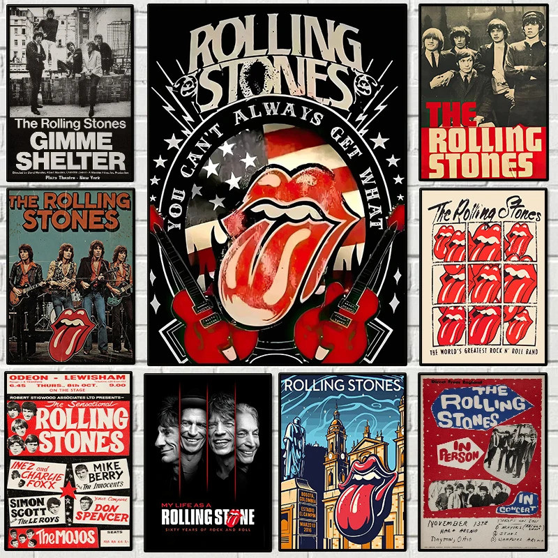 Vintage Rock Band Rolling Stones โปสเตอร์คลาสสิกคอนเสิร์ตเพลงอัลบั้มภาพวาดผ้าใบ Wall Art Room Home Home Decor แฟนของขวัญ 83MV