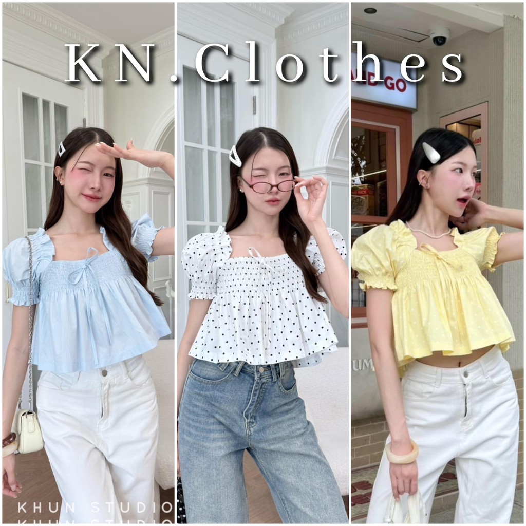 Soh top : เสื้อครอปแขนตุ๊กตา สม็คอหน้าอก แต่งโบว์ KN.Clothes