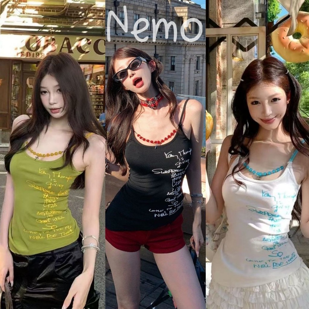Nemo store🌸#FY946 เสื้อสายเดี่ยว เสริมฟองน้ำสีสดใส มินิมอล ยืดใส่สบาย ดีเทลแต่งลูกปัดเก๋ๆ