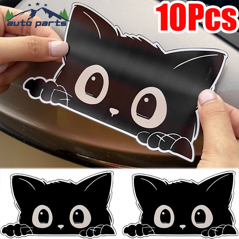 [AM3C]สติ๊กเกอร์รถยนต์ PVC 10 ชิ้น - การตกแต่งแมวดํากันรอยขีดข่วน, รูปลอกอัตโนมัติรถจักรยานยนต์กันน้ําพร้อมกาวแบบถอดได้และดีไซน์น่ารัก