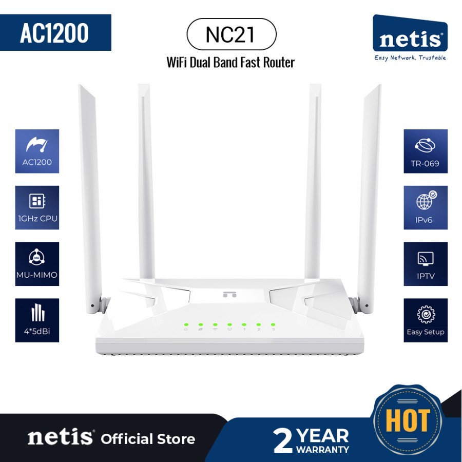 เราเตอร์ดูอัลแบนด์ไร้สาย NETIS NC21 AC1200 Realtek 1GHz สูงสุด 800M