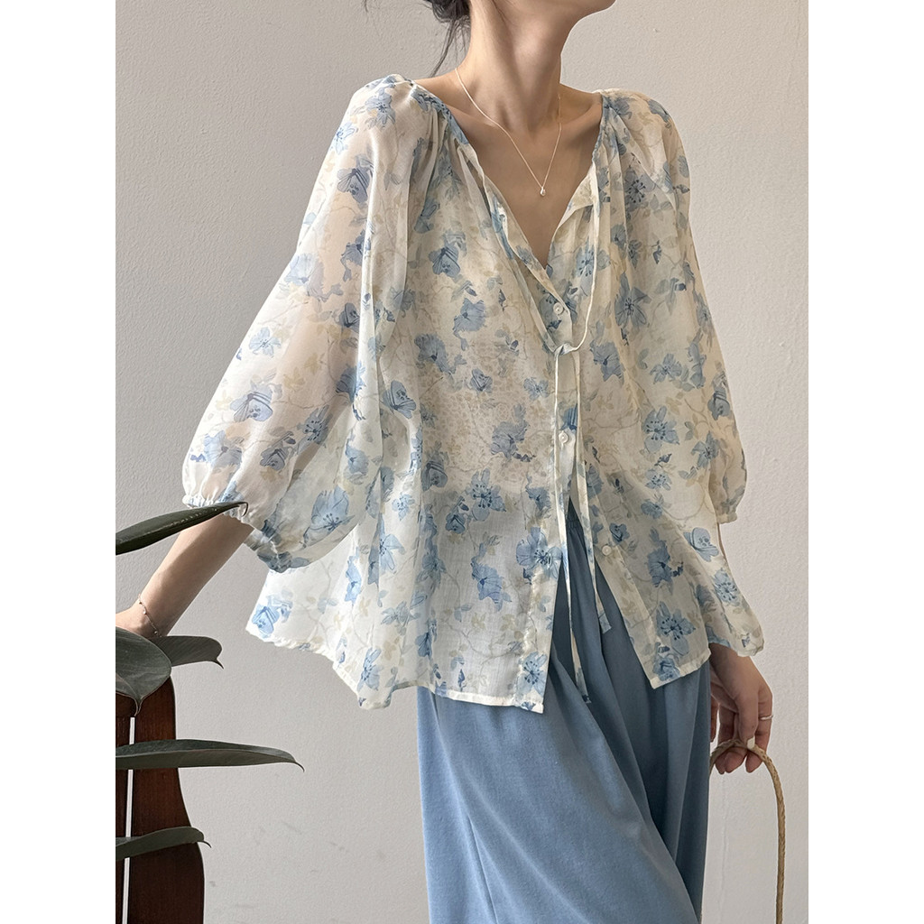 Yanshuang เกาหลี v คอ Lace-Up ดอกไม้เสื้อผู้หญิงหลวม Slimmer ดูสาม Quarter แขนเสื้อขนาดเล็กด้านบน H9