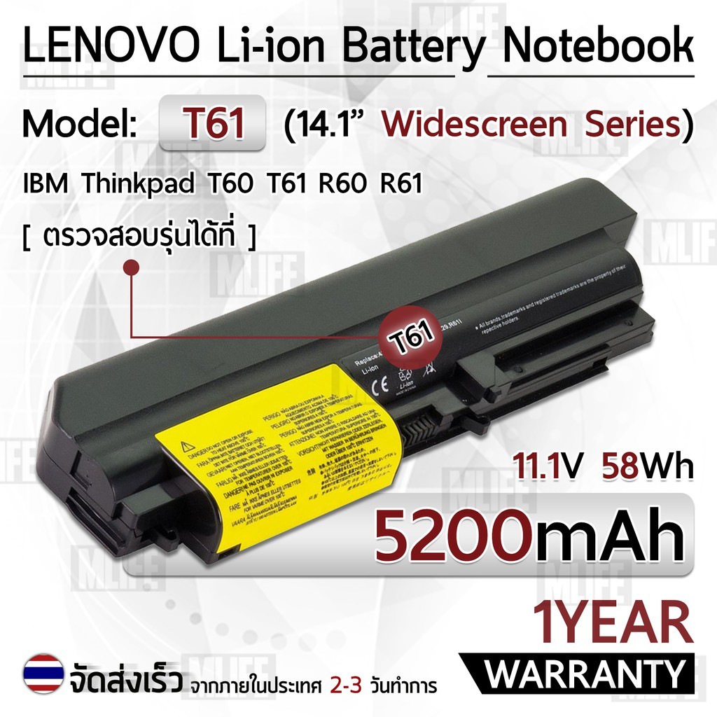 รับประกัน 1 ปี แบตเตอรี่ โน้ตบุ๊ค แล็ปท็อป Lenovo ThinkPad 5200mAh Battery R60 R60E R61 R61E R61I T6