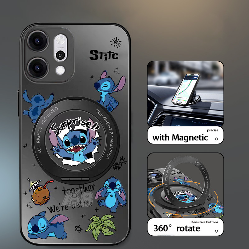 สําหรับ OPPO Reno 14 14F 5G กรณี OPPO Reno 14 Pro 5G กรณีน่ารักการ์ตูน Stitch กระเป๋า Monster กันกระแทกพร้อมแม่เหล็กขาตั้งโทรศัพท์ผู้ถือแหวนแก้วสําหรับนักเรียนหญิงชาย