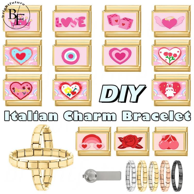 สร้อยข้อมือ Rainbow Cherry Rose อิตาเลี่ยน charm สแตนเลส ขนาด 9 มม. DIY สำหรับการประดับตกแต่งและสวมใส่ง่าย