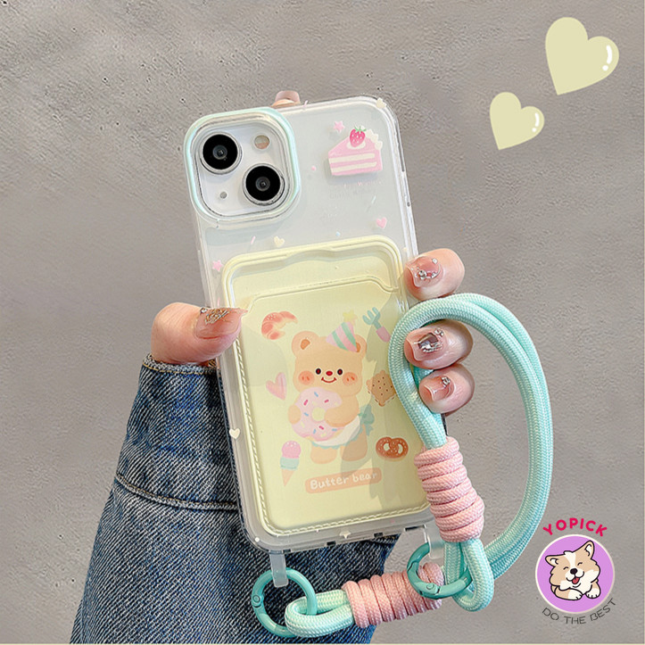 สําหรับ iPhone 15 เคสโทรศัพท์ 7plus 8plus xsmax xr x 11 12 13 14promax น่ารักเนยหมีผู้ถือบัตรช่องเสียบการ์ด 12 สายรัดข้อมือสายคล้องมือ Influencer หญิง 15pro สไตล์ใหม่ 14pro กันกระแทก GKB