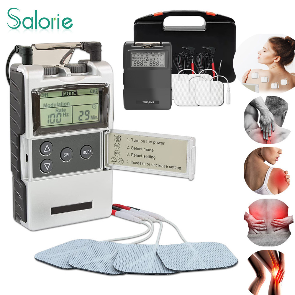 Salorie TENS/EMS เครื่องนวดบรรเทาอาการปวดกล้ามเนื้อเครื่องแบบพกพา Dual Channels อุปกรณ์กายภาพบําบัดอิเล็กทรอนิกส์