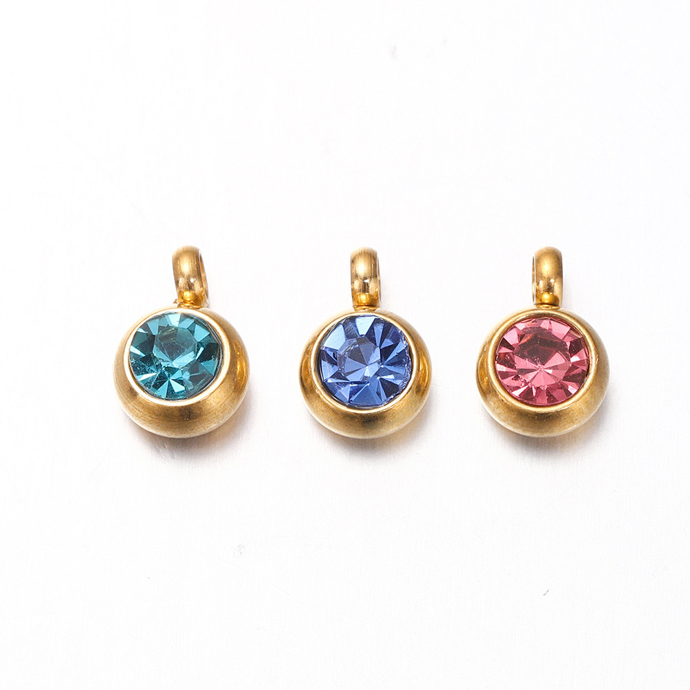 St.kunkka 4-10 ชิ้นสแตนเลสแนวตั้งแขวน Birthstone 6 * 8.7 มม.รอบจี้ Center พร้อมเพชร DIY ผลิตสร้อยข้อมือสร้อยคอลูกปัดเครื่องประดับวัสดุอุปกรณ์เสริม