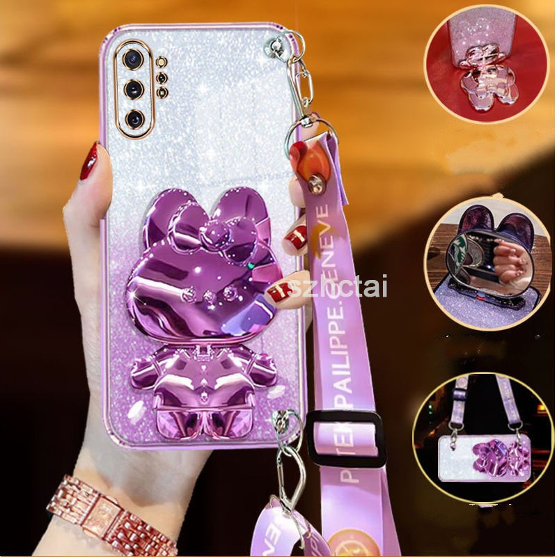 เคส Samsung Note 10 Pro NOTE 10 plus note 10 ที่อยู่อาศัยยาวสายรัดข้อมือสไตล์กับกระต่ายยืนกระจกแต่งหน้าหรูหรานุ่ม tpu กรณีโทรศัพท์ปกหลัง เคสโทรศัพท์ Samsung Note 10 Pro NOTE 10 plus note 10