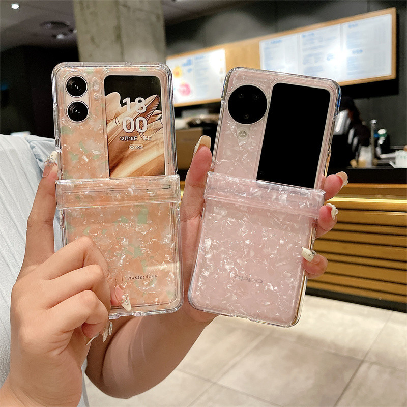 สําหรับ OPPO Find N2 Flip เคสโทรศัพท์แบบพับได้ลายเปลือกหอยแฟชั่นพร้อมฝาครอบป้องกันเคลือบเงา PC