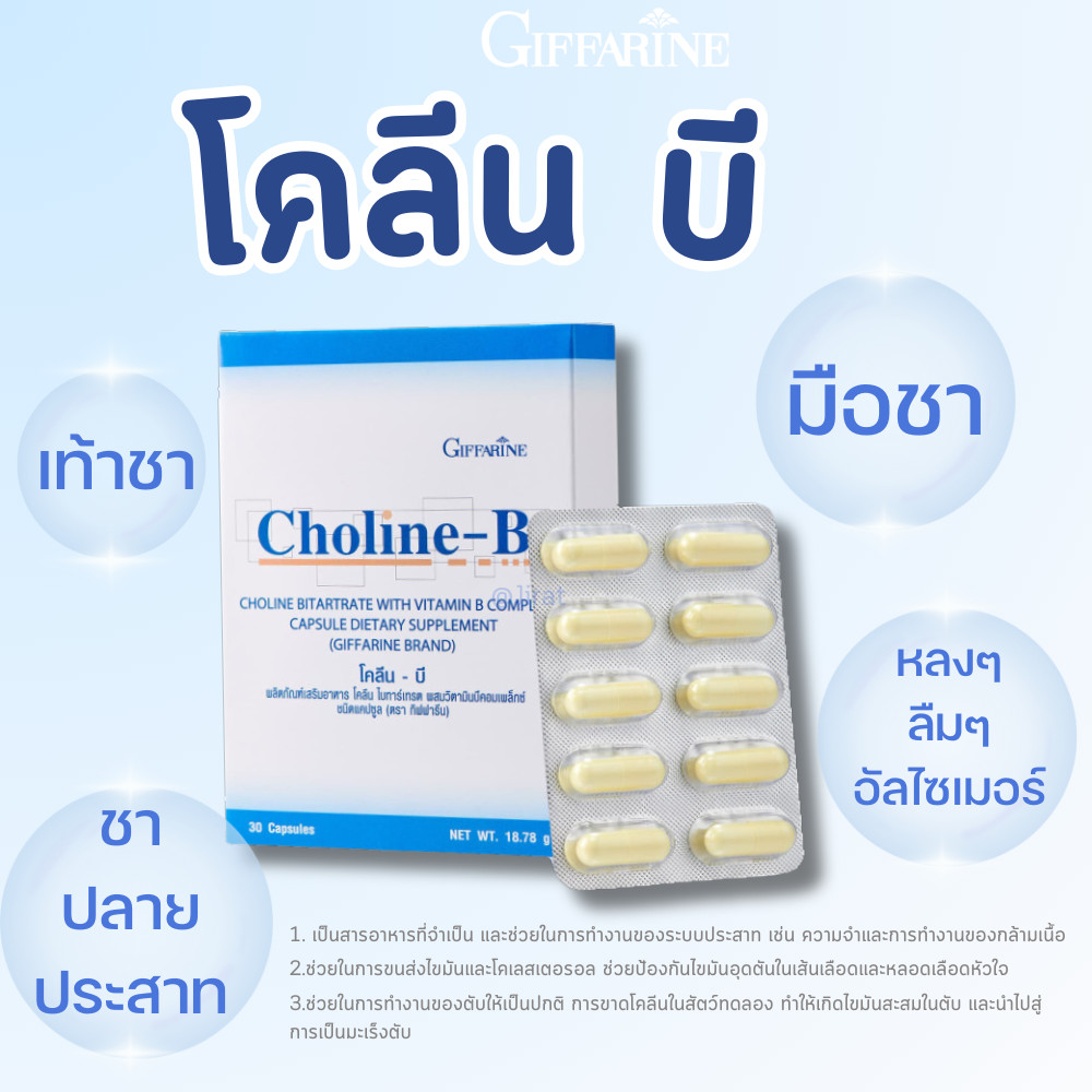 ของแท้ โคลีนบี วิตามินบีรวม มือชา เท้าชา ปลายประสาท เหน็บชา นิ้วล็อค อาหารเสริม จำนวน 1 กล่อง 30 แคปซูล พร้อมส่ง