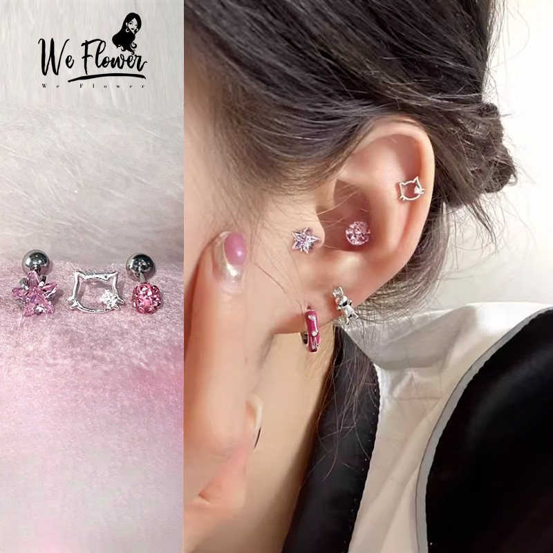 We Flower 3ชิ้นเย็นหวานส925เงินสีชมพูคริสตัลบอลดาวคิตตี้แมวสกรูต่างหูสําหรับผู้หญิงสาวน่ารักเจาะหูเครื่องประดับชุด