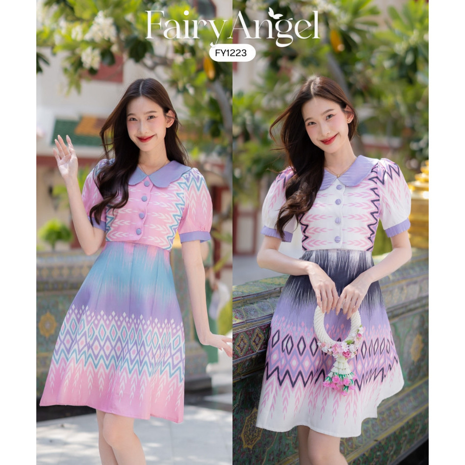 Fairyangelstore - เดรสผ้าลายไทยคอหยักแต่งกระดุมทรงบาน (FY1223)