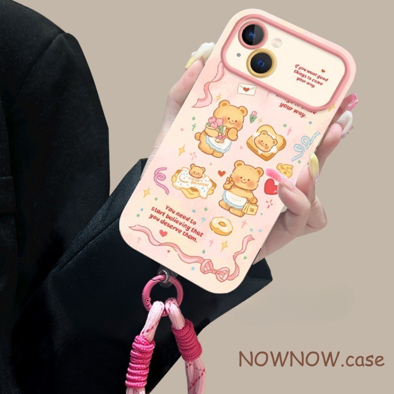 สําหรับiphone 15 14 13 12 11 Pro MAX X XR XS MAX 7 8 Plus SE 2020 การ์ตูนน่ารักเนยหมีตุ๊กตารักสีชมพูสาวหน้าต่างขนาดใหญ่เคสโทรศัพท์สายรัดข้อมือเชือกแขวนเพื่อป้องกันการสูญเสีย